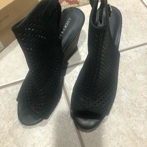 Lucky Brand open toe wedge bootie. Black size 9